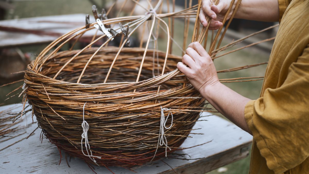 A large twisted willow basket taking shape on a weathered table, a weaver drawing the upright rods together.